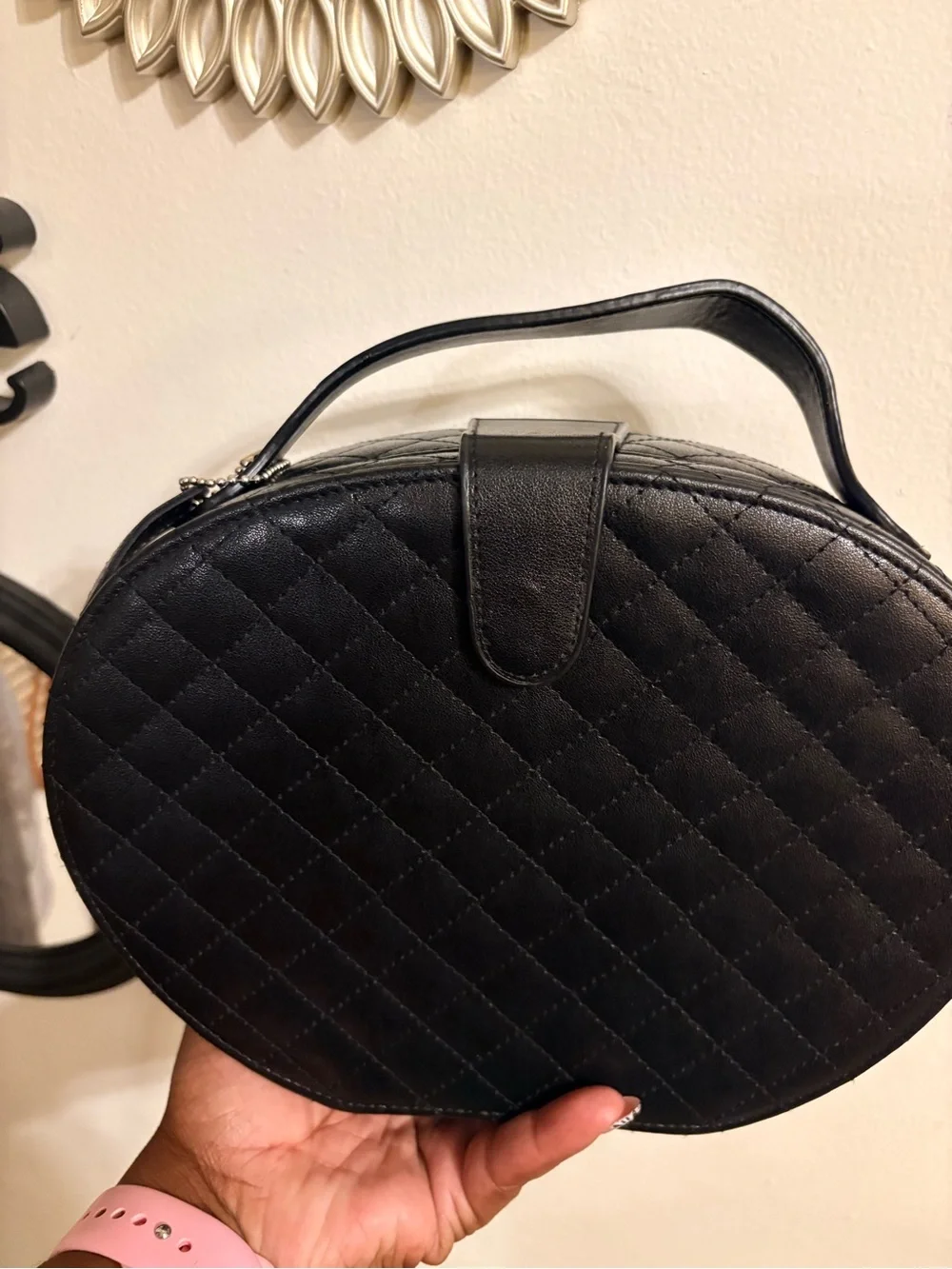 Classic Black Quilted Oval Top-Handle Bag